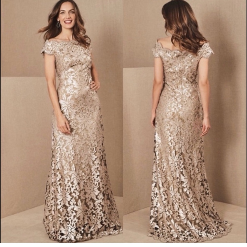 Tadashi Shoji Gold Lace Maxi Dress